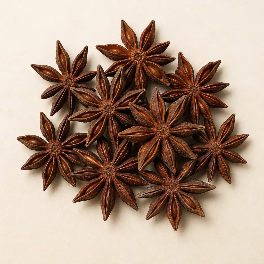 A handful of whole dried star anise pods on warm porcelain