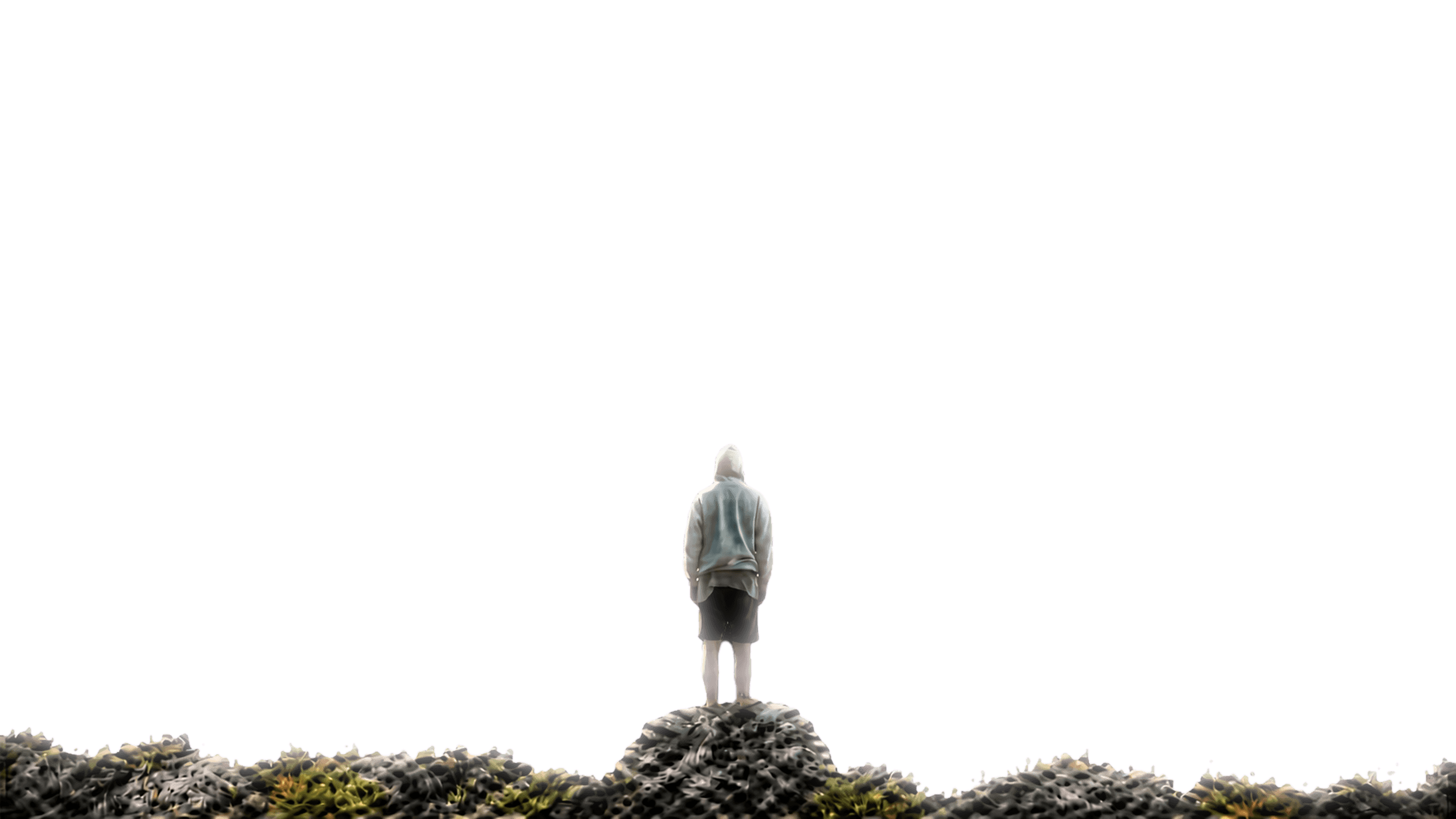 Traveler silhouette standing on a highland ridge overlooking the terraced valley