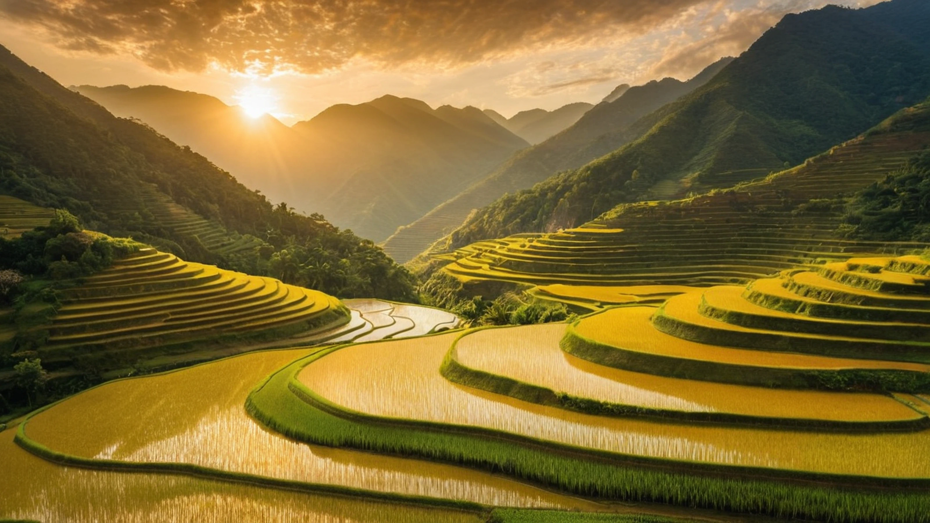 Dramatic Northern Vietnam rice terraces cascading through a highland valley under golden-hour sun rays